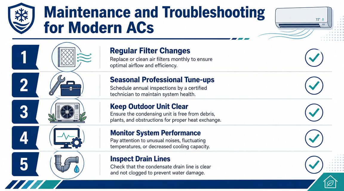 An infographic titled Maintenance and Troubleshooting for Modern ACs outlining five essential tips for air conditioner care.