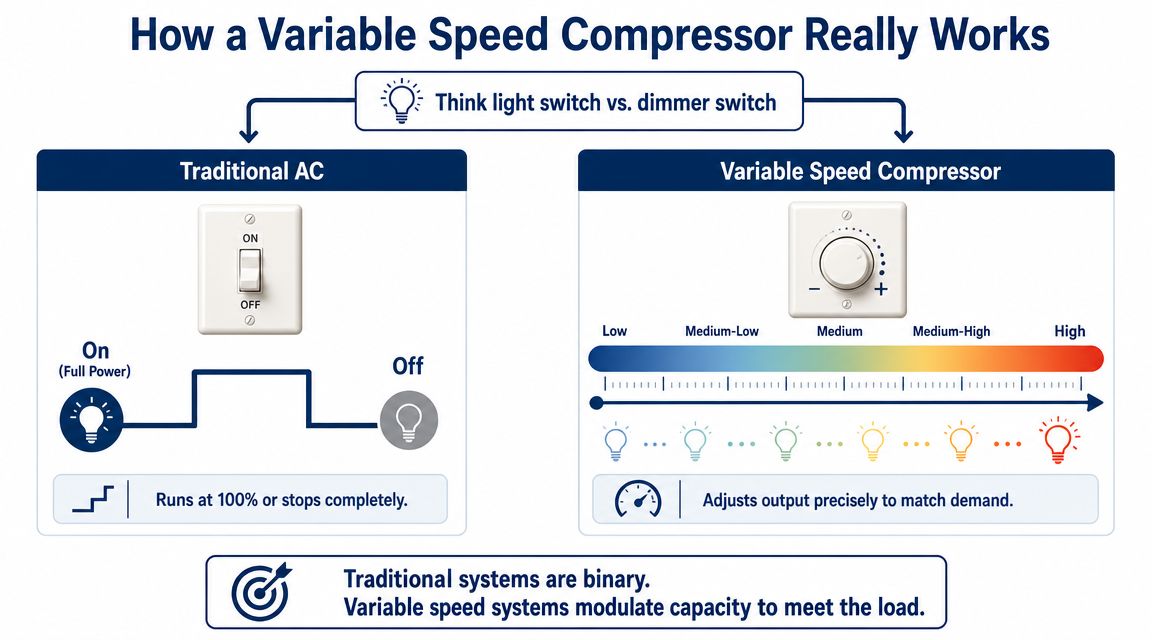 A comparison graphic showing how a traditional AC light switch works versus a variable speed compressor dimmer switch.