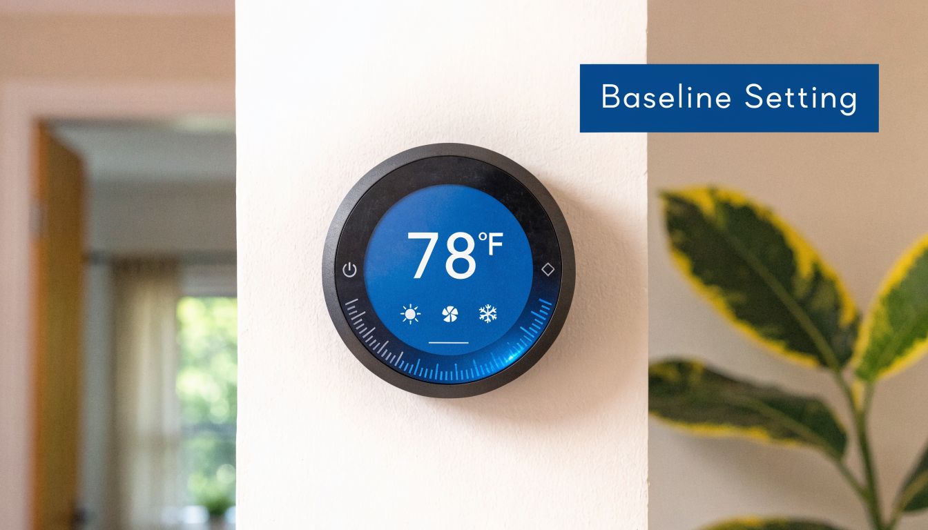 A round smart thermostat mounted on a white wall displays a room temperature setting of 78 degrees Fahrenheit.