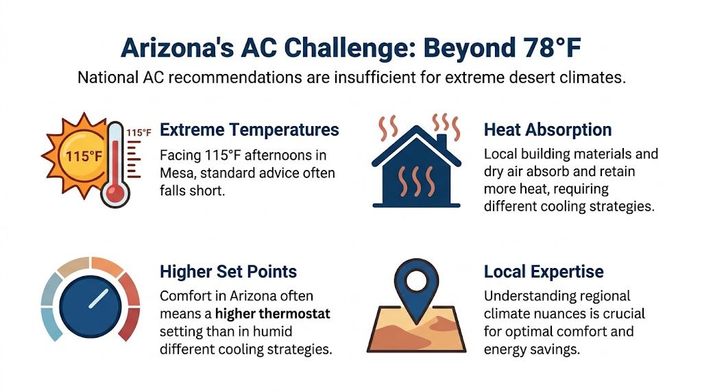 An infographic titled Arizona's AC Challenge explaining why cooling strategies differ in extreme desert climates.