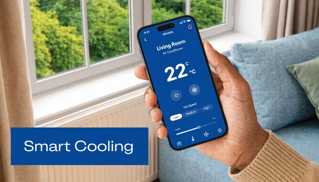 A person holding a smartphone showing an app interface for controlling a smart air conditioner living room.