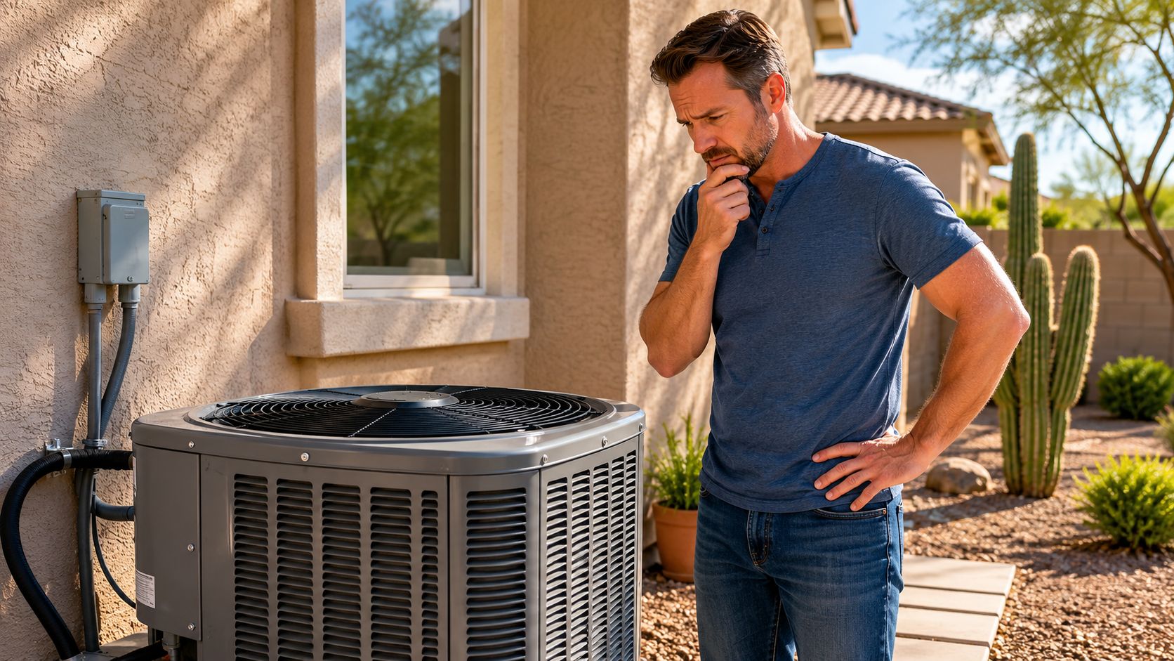 A concerned homeowner thoughtfully looking at his outdoor air conditioning unit while troubleshooting potential cooling problems.