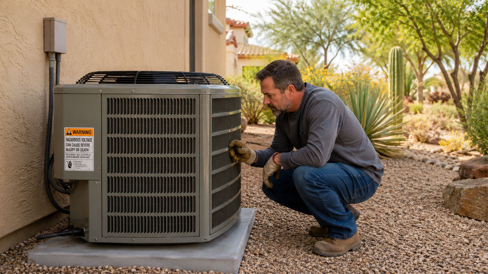 A professional technician wearing work gloves inspecting an outdoor residential air conditioning compressor unit.
