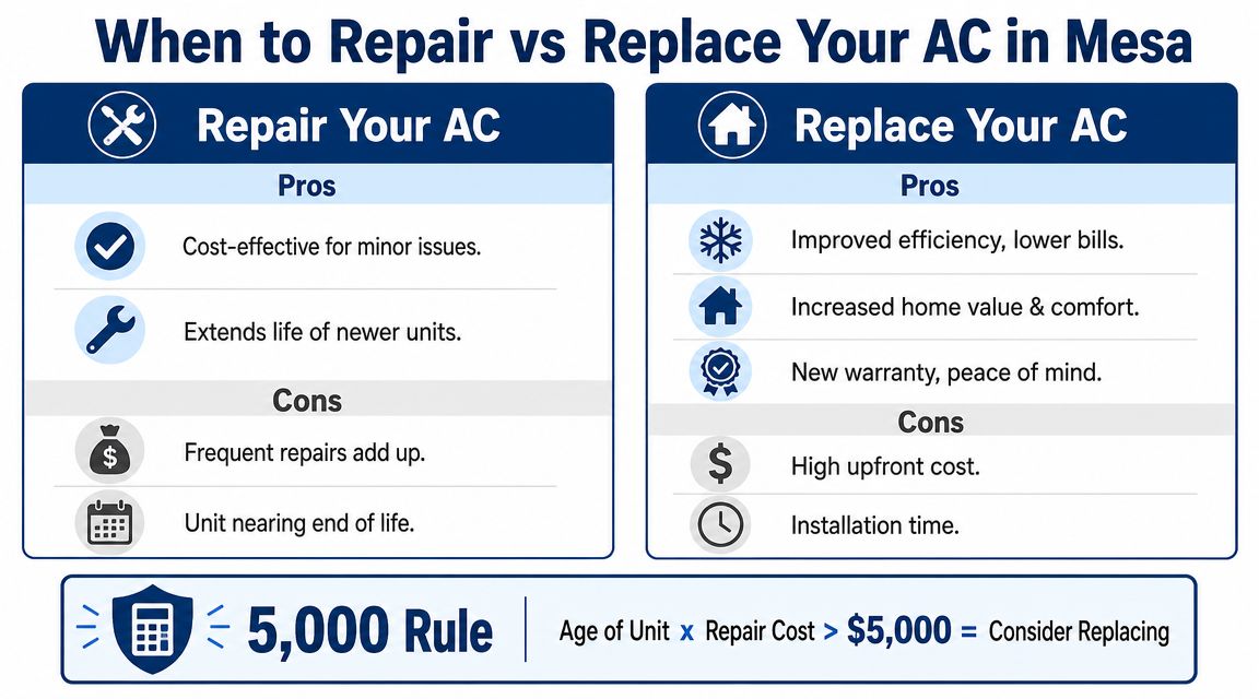 AC Repair Cost Mesa AZ: 2026 Guide & When to Fix or Replace 4 A comparison chart outlining the pros and cons of repairing versus replacing an air conditioning unit.