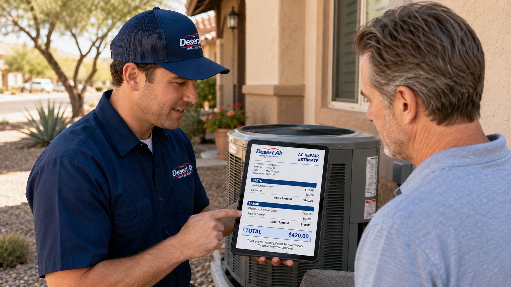 AC Repair Cost Mesa AZ: 2026 Guide & When to Fix or Replace 5 A technician shows an AC repair estimate on a tablet to a homeowner in Mesa, Arizona.