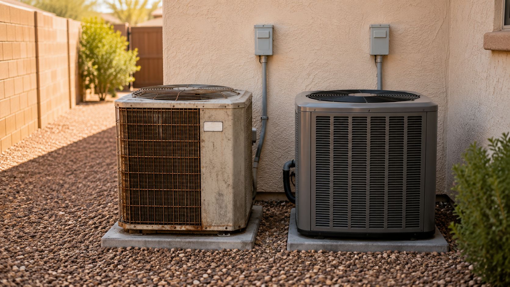 AC Repair Cost Mesa AZ: 2026 Guide & When to Fix or Replace 3 A new modern air conditioner unit sits beside an older weathered AC unit outdoors near a house.