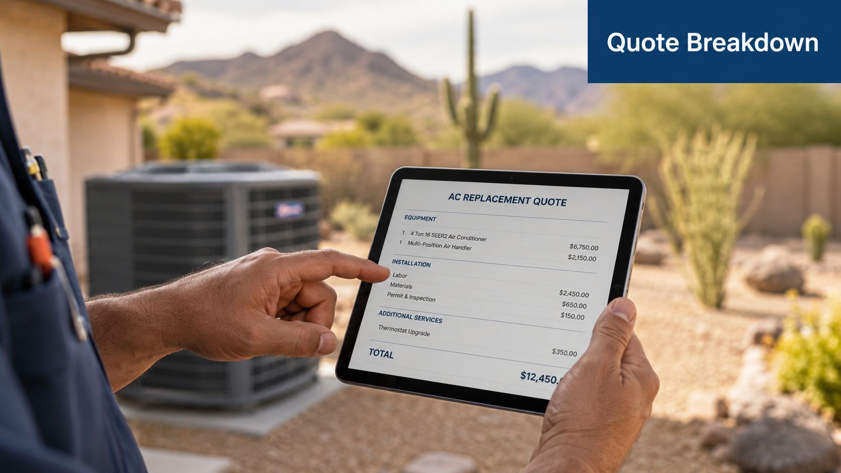 A technician holds a digital tablet displaying an AC replacement cost quote in a desert setting.