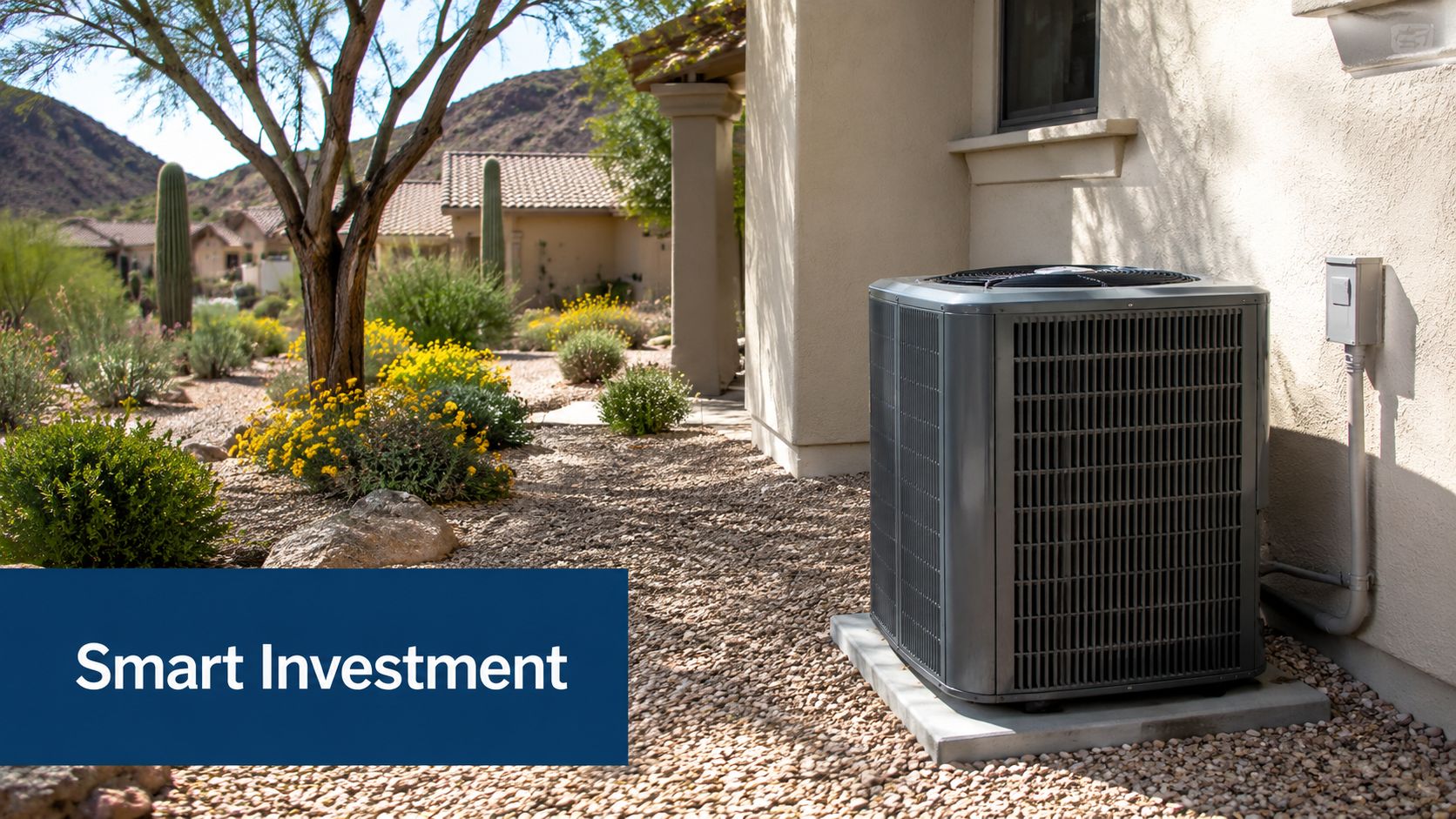 A modern outdoor air conditioning unit installed next to a house in a desert landscape setting.