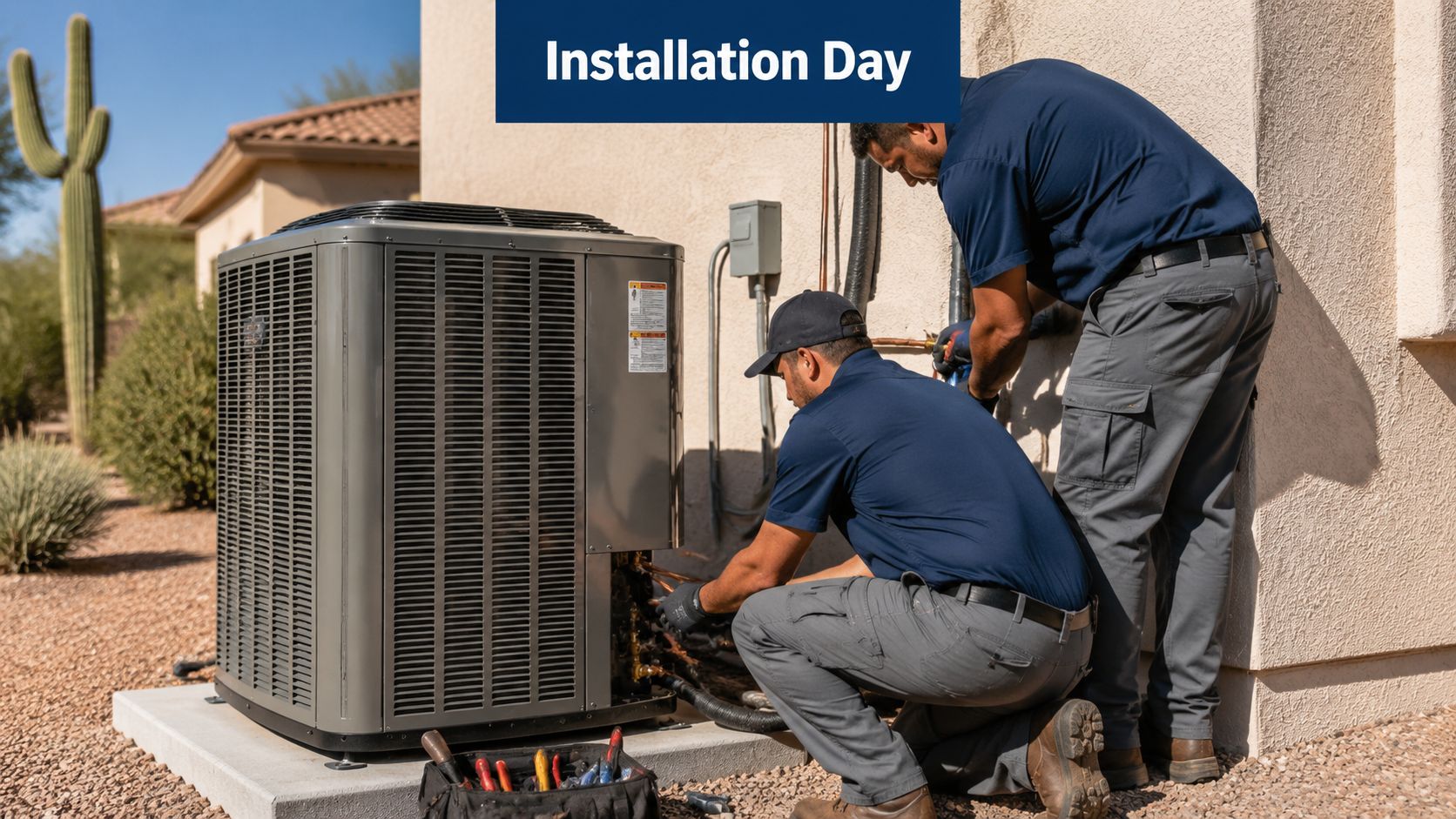 Two HVAC technicians wearing blue uniforms performing an air conditioner installation outside a residential home.