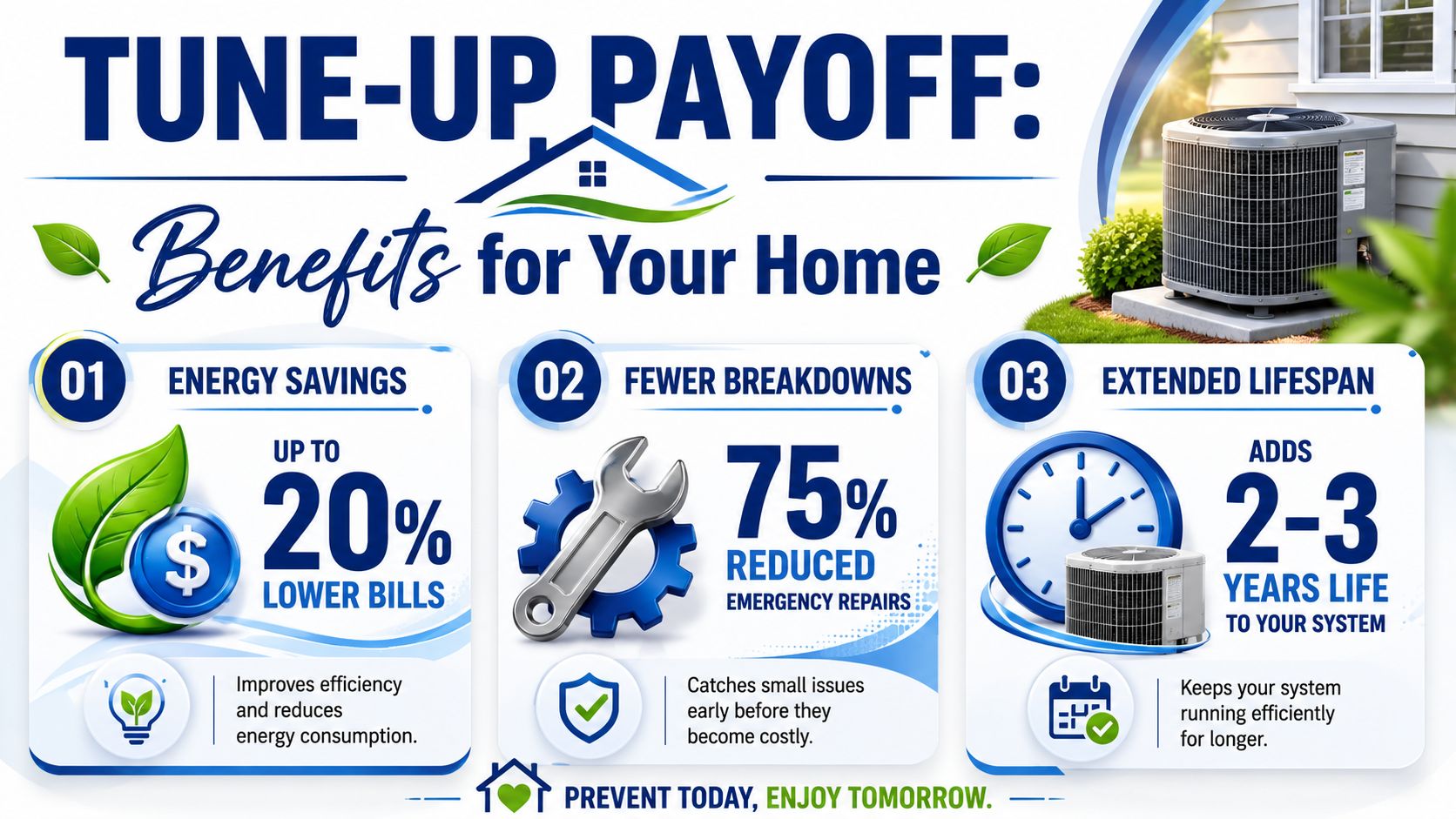 An infographic detailing the benefits of a home AC tune-up including energy savings, fewer repairs, and longevity.