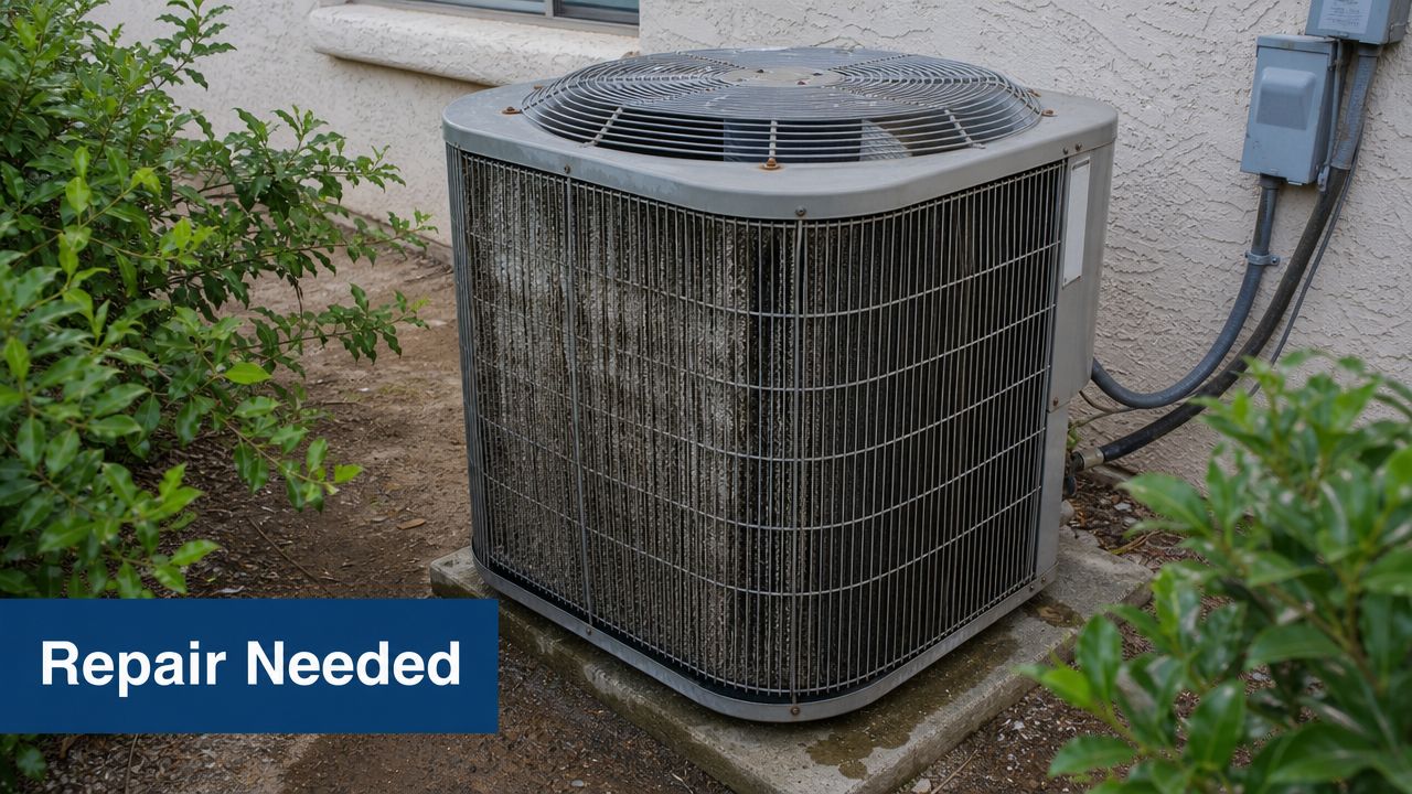 A dirty air conditioning unit sitting outside a residential home requiring professional repair and maintenance service.