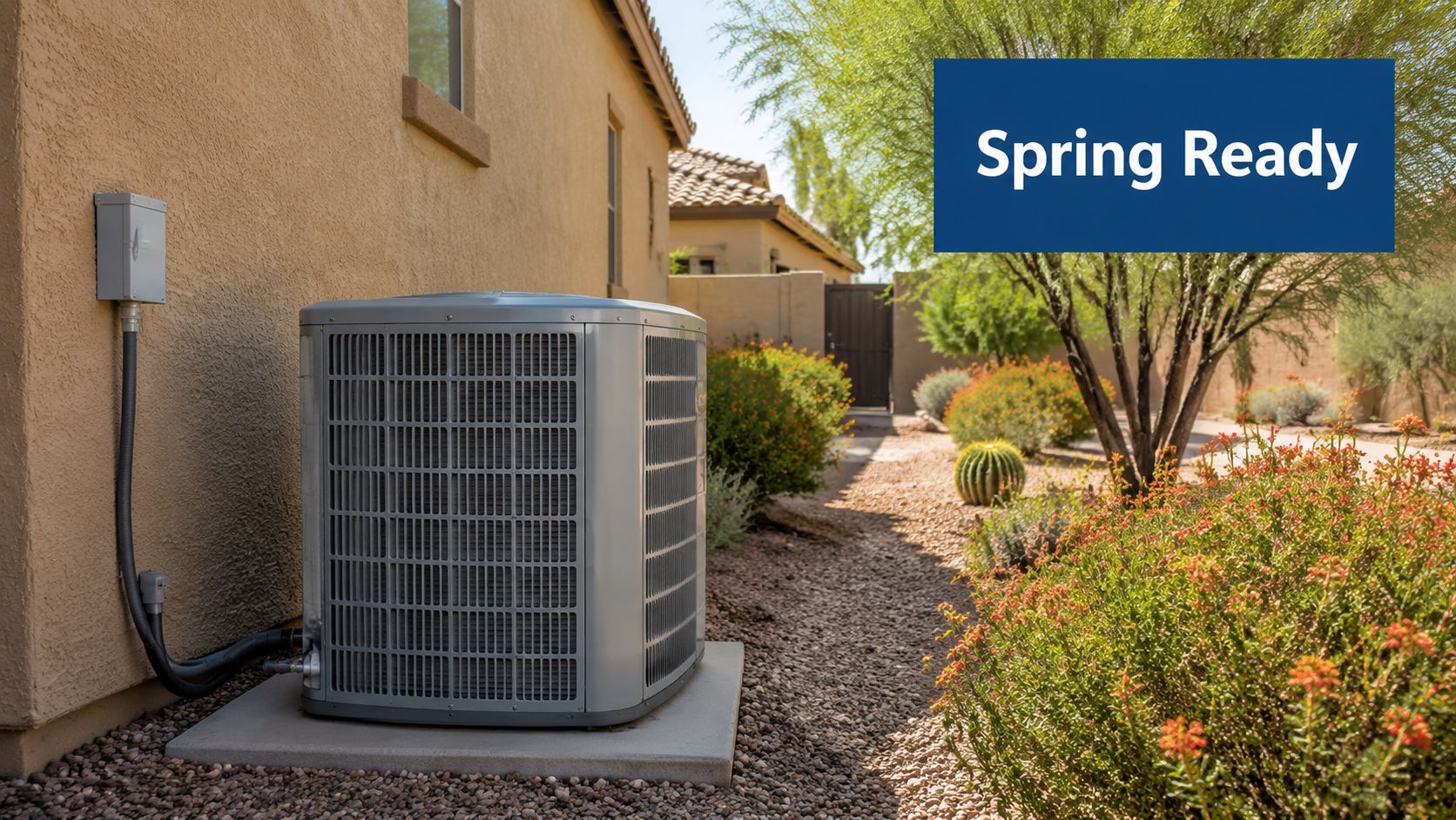 A modern central air conditioning unit sits on a concrete pad outside a tan stucco home.