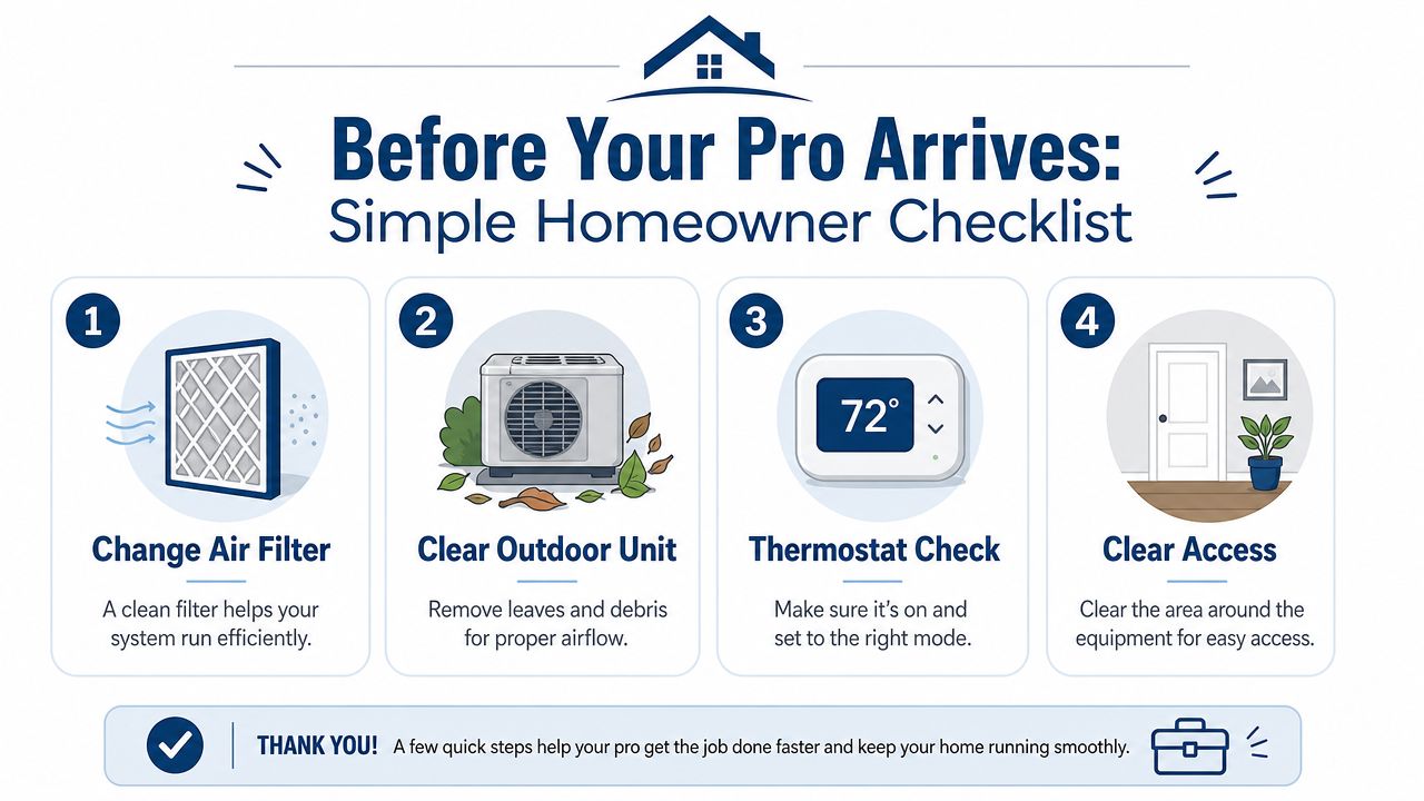 A four-step homeowner checklist infographic titled Before Your Pro Arrives for HVAC system maintenance preparation.