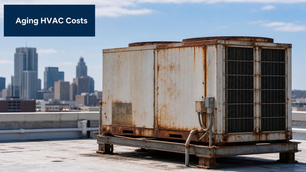 Commercial HVAC Retrofit Phoenix: Boost Efficiency Now 2 A rusted, aging commercial HVAC unit sitting on a rooftop with a city skyline in the background.