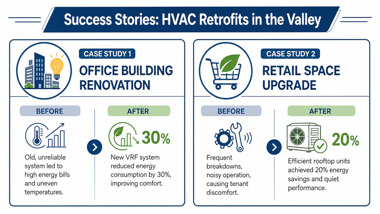 Commercial HVAC Retrofit Phoenix: Boost Efficiency Now 5 An infographic showing two HVAC retrofitting success stories for an office building and a retail space.