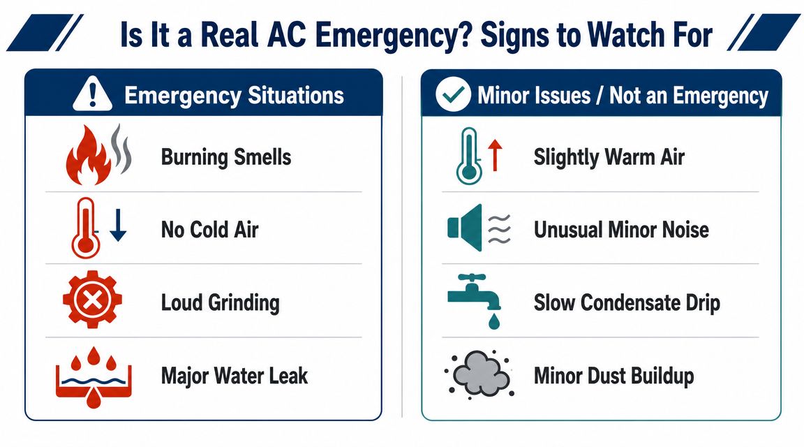 A chart comparing emergency AC situations like burning smells with minor issues like minor dust buildup.