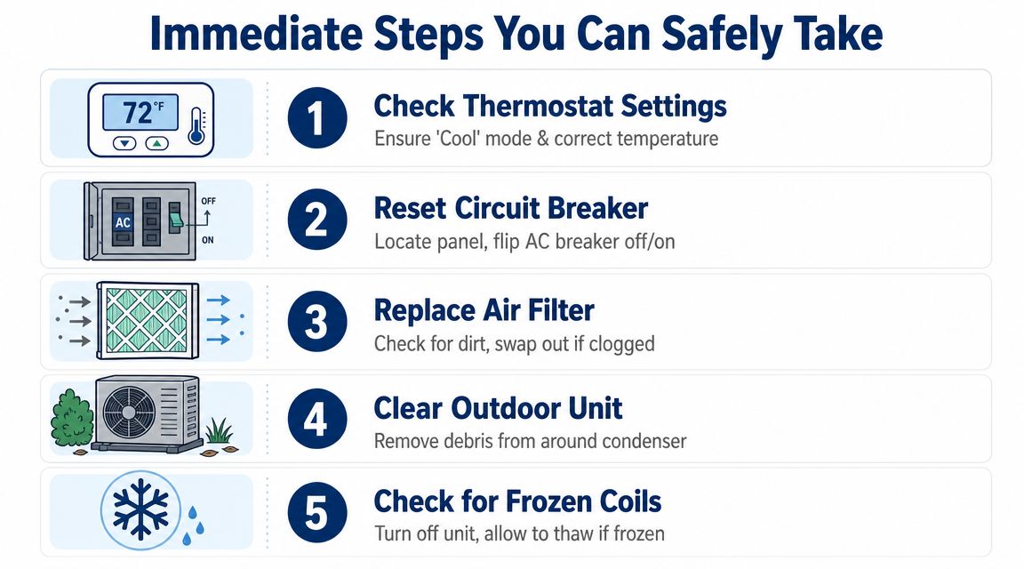 A list of five immediate and safe steps to take when troubleshooting air conditioning issues at home.