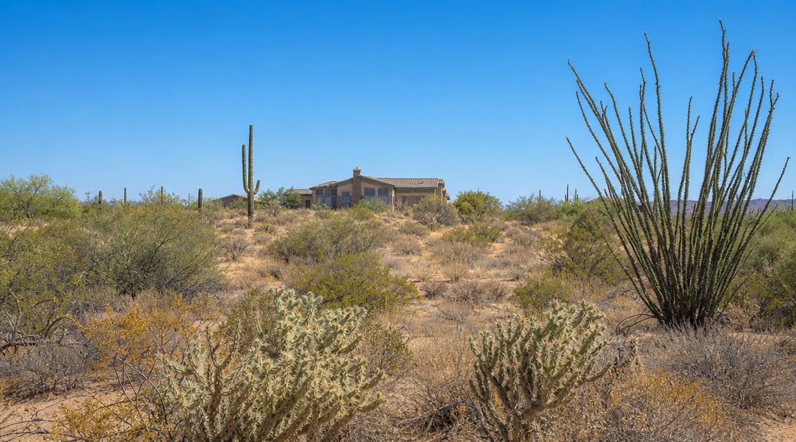 A scenic view of a house nestled in the Sonoran desert landscape with cacti and desert flora.