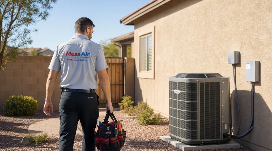 A professional HVAC technician from Mesa Air walking towards a home air conditioning unit for repairs.