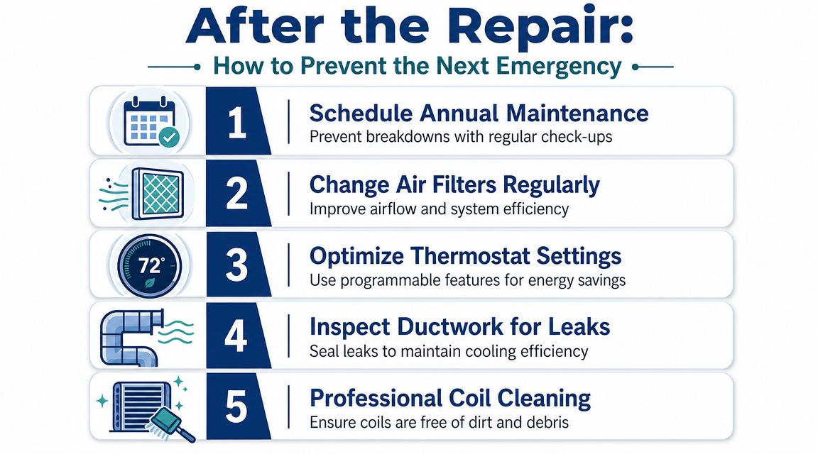 A helpful infographic showing five steps to prevent HVAC system emergencies after a professional repair service.