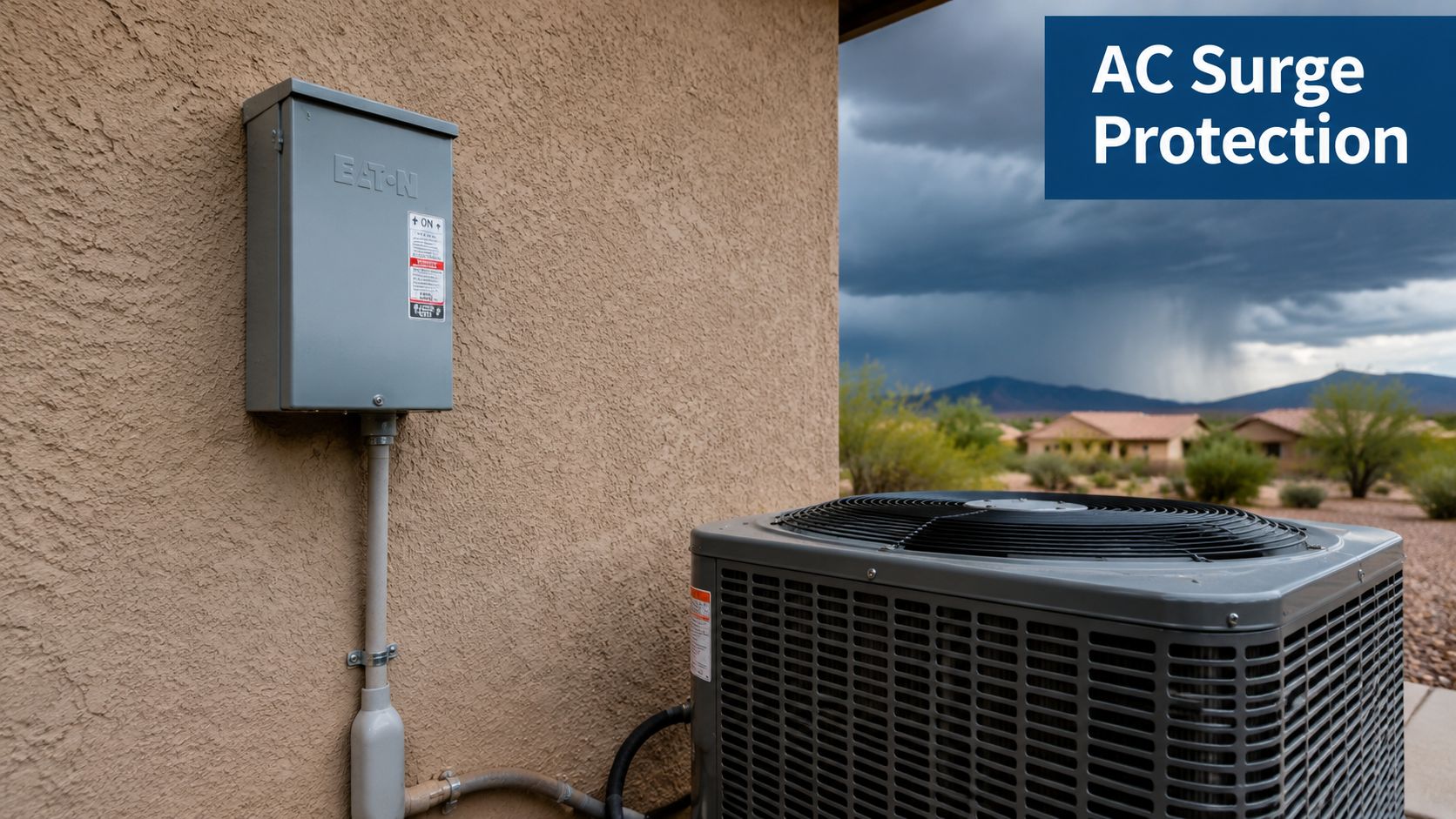 An outdoor AC disconnect box installed on a stucco wall next to a residential air conditioning unit.