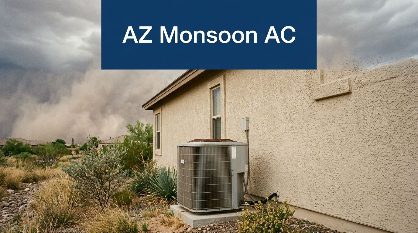 A residential air conditioning unit sits outside a house as a massive desert monsoon dust storm approaches.