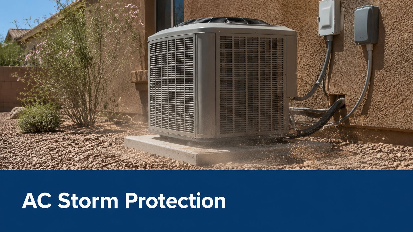 An outdoor air conditioning unit sits on a gravel surface during the hot and dusty monsoon season.