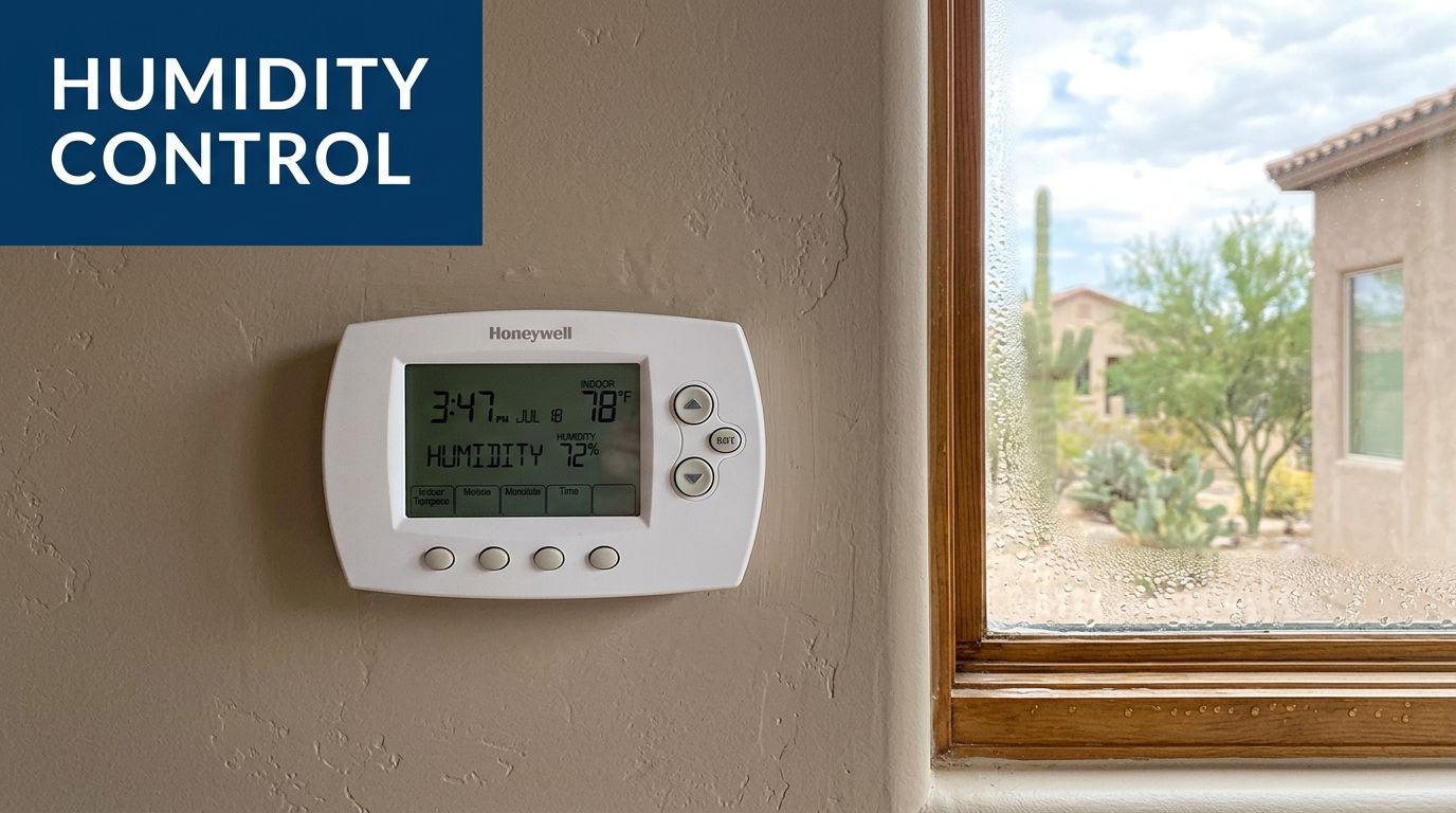 A Honeywell thermostat displaying high indoor humidity of 72 percent next to a foggy window.