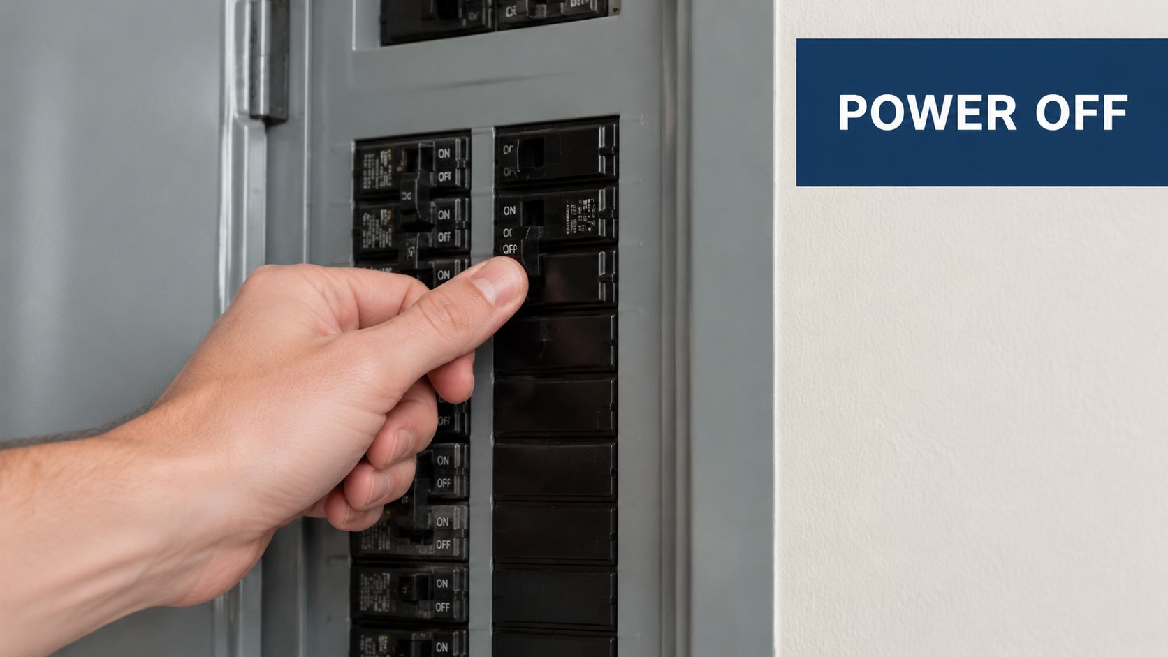 A close-up view of a person's hand switching a circuit breaker to the off position in an electrical panel.