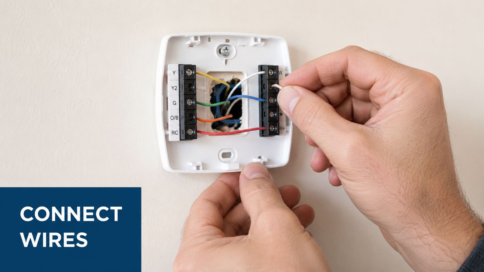 A person installing a thermostat by connecting colored wires into the terminal block on the wall base.