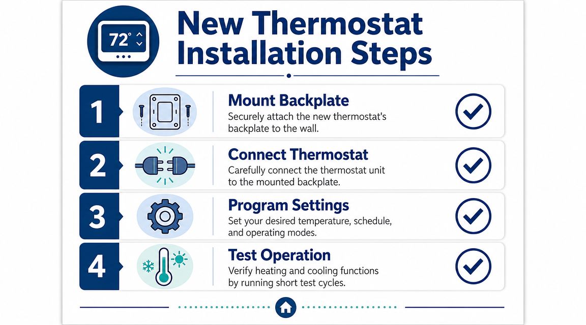 A four-step infographic illustrating how to install and set up a new home wall thermostat.