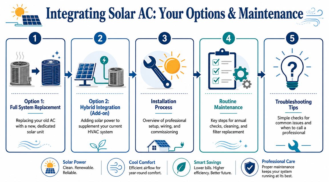 An infographic illustrating five steps for integrating solar-powered air conditioning systems, maintenance, and installation options.