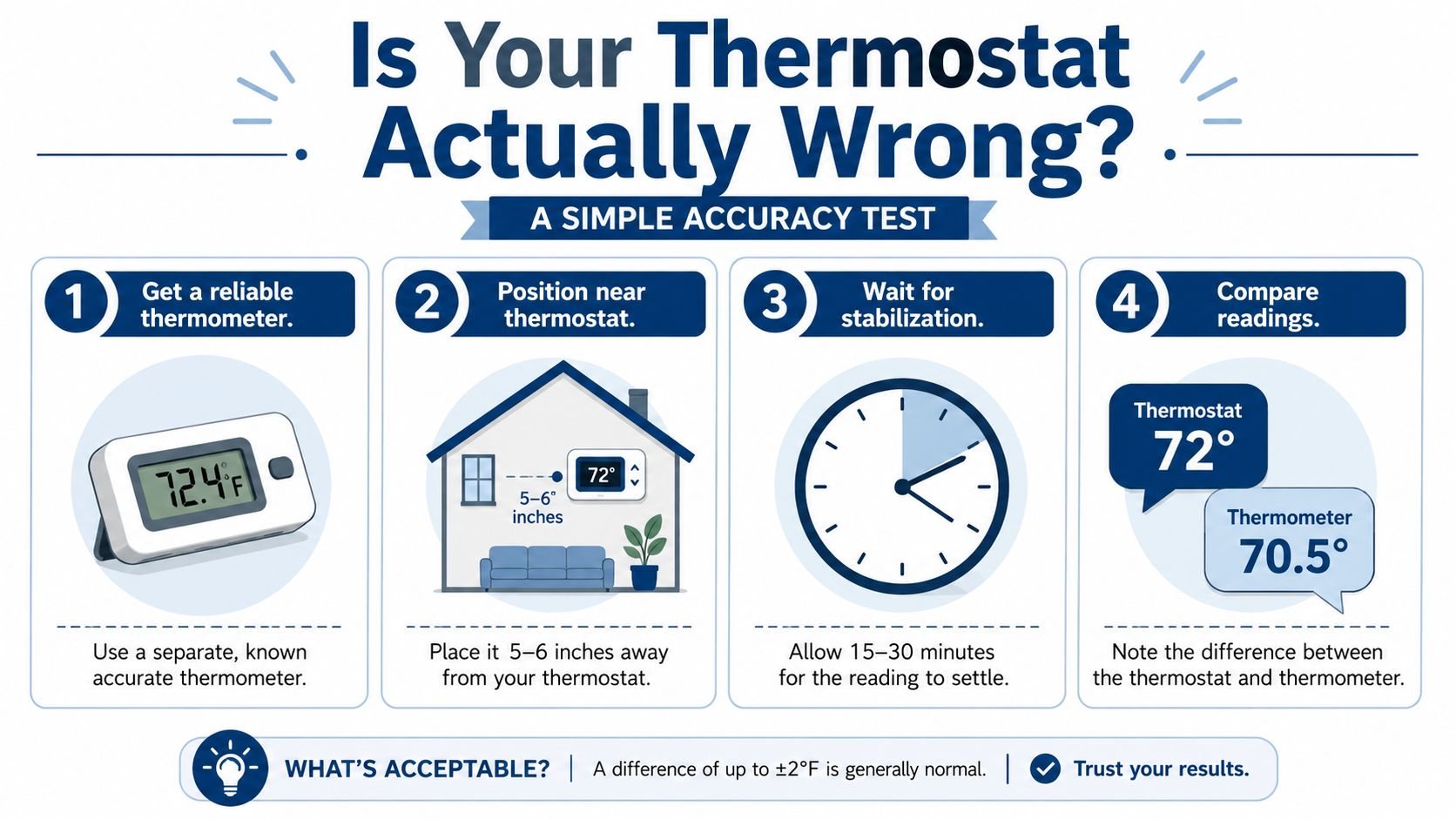 An infographic showing a four-step guide on how to test if your home thermostat is accurate.