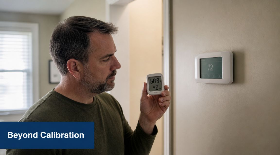 A middle-aged man comparing the temperature on a small digital handheld device to a wall-mounted thermostat.