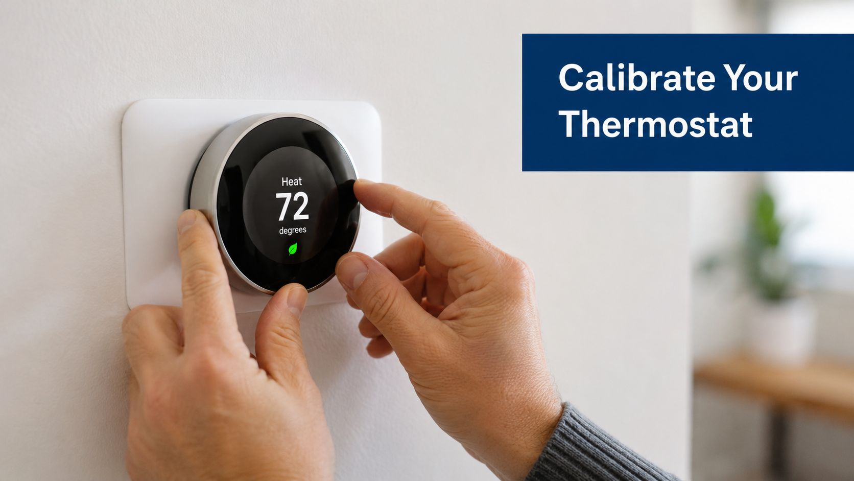 A person adjusting the settings on a modern round smart thermostat mounted on a white wall.