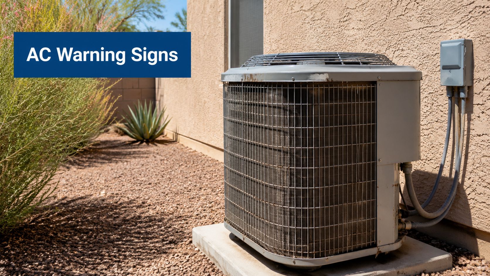 An outdoor air conditioning unit sits on a concrete pad next to a desert home wall.