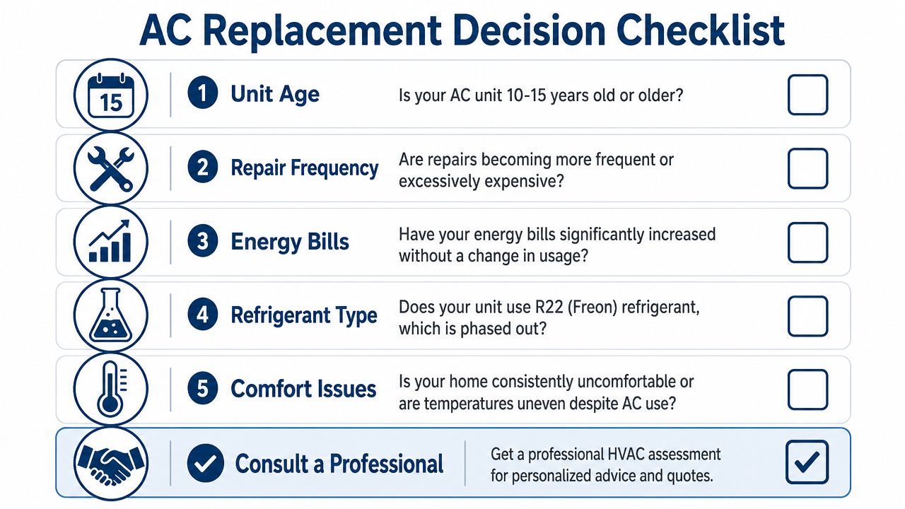 A checklist infographic outlining key factors to consider when deciding whether to replace your home AC unit.