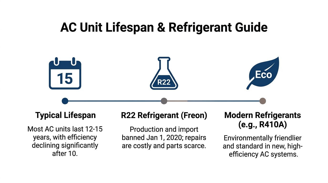 An infographic titled AC Unit Lifespan and Refrigerant Guide detailing typical unit longevity and refrigerant transitions.