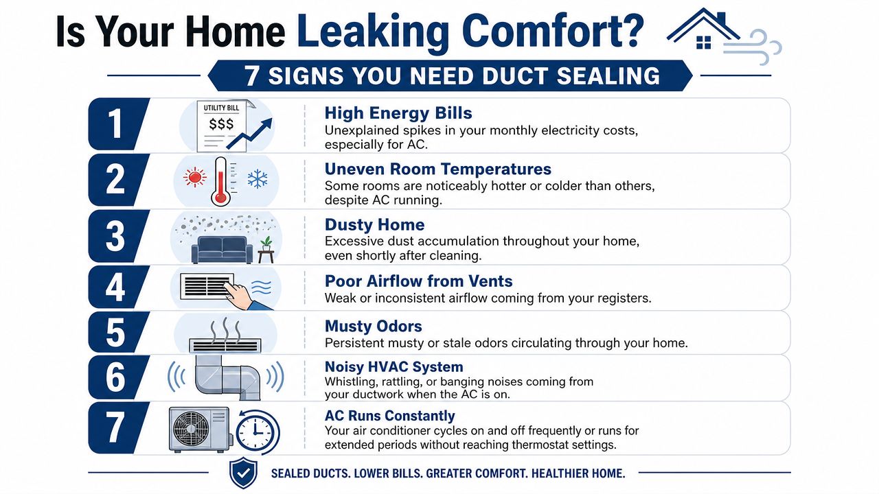 An infographic detailing seven common signs your home requires professional duct sealing for better energy efficiency.