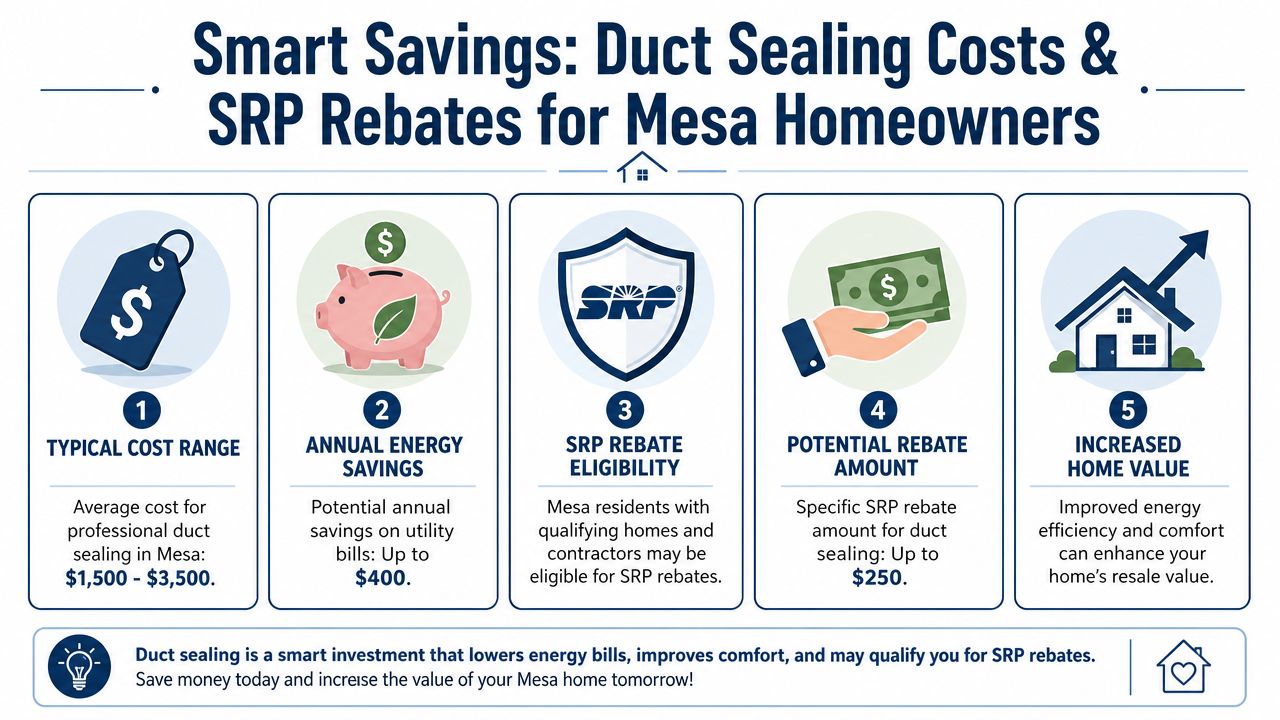 An infographic detailing typical duct sealing costs, annual energy savings, and SRP rebate eligibility for homeowners in Mesa.