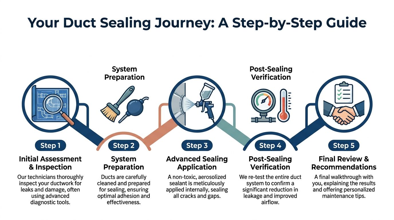 A five-step infographic showing the professional process of duct sealing, from inspection to final review.