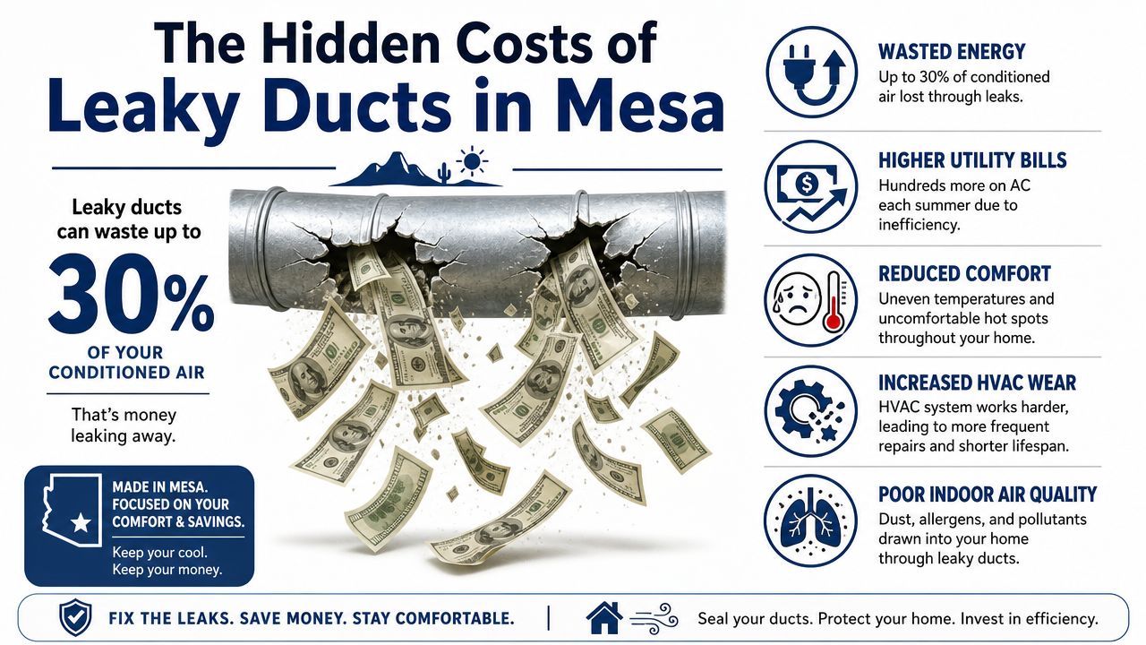 An infographic showing how leaky air ducts waste energy, increase utility costs, and reduce indoor air quality.