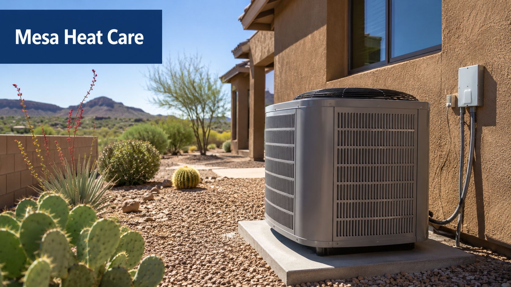 Heat Pump Service Mesa AZ: Trusted Local HVAC Pros 3 An outdoor HVAC heat pump unit installed on a concrete pad near a house in Arizona.