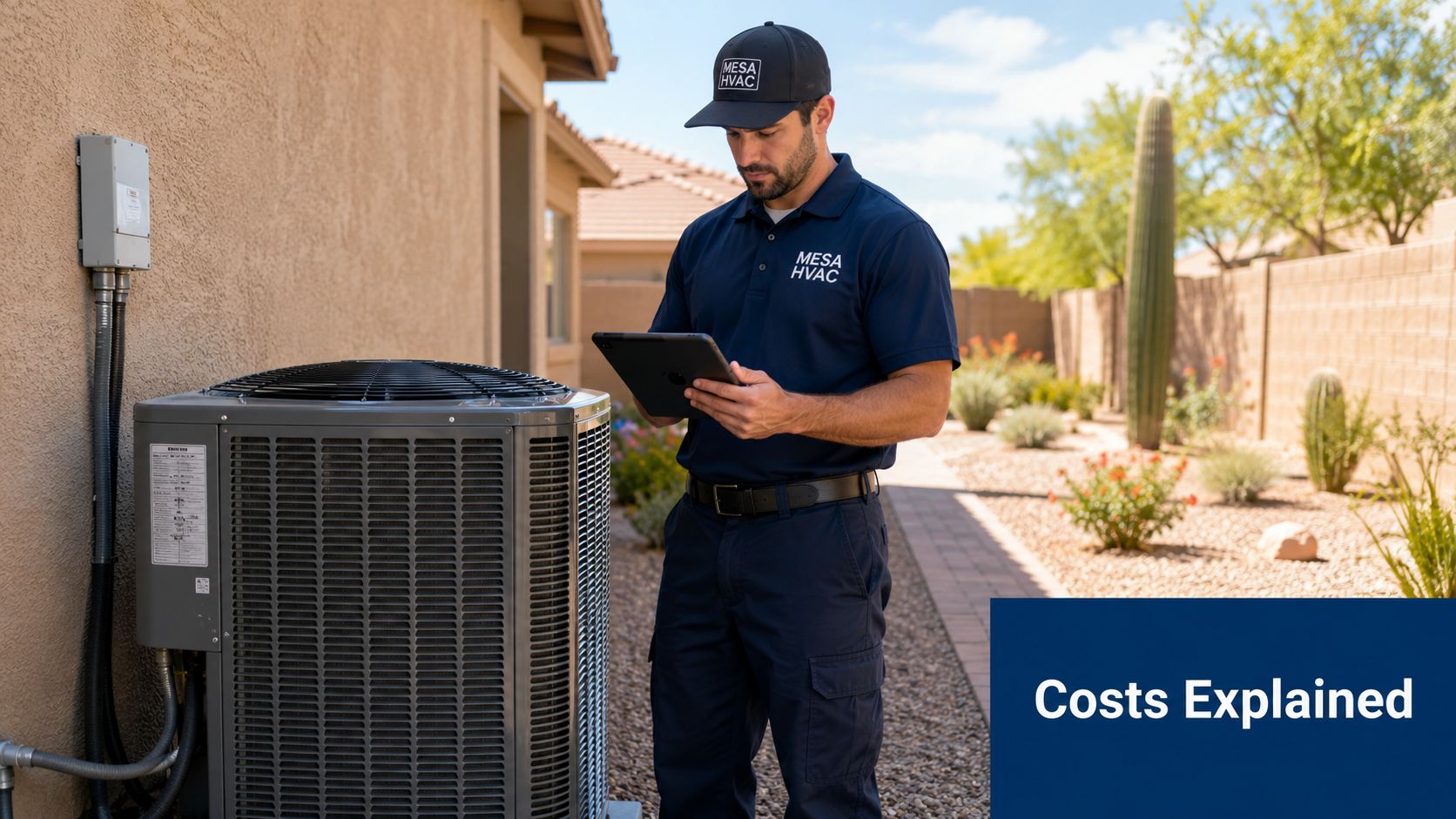 Heat Pump Service Mesa AZ: Trusted Local HVAC Pros 5 A professional HVAC technician in a uniform inspects an outdoor air conditioning unit while using a tablet.