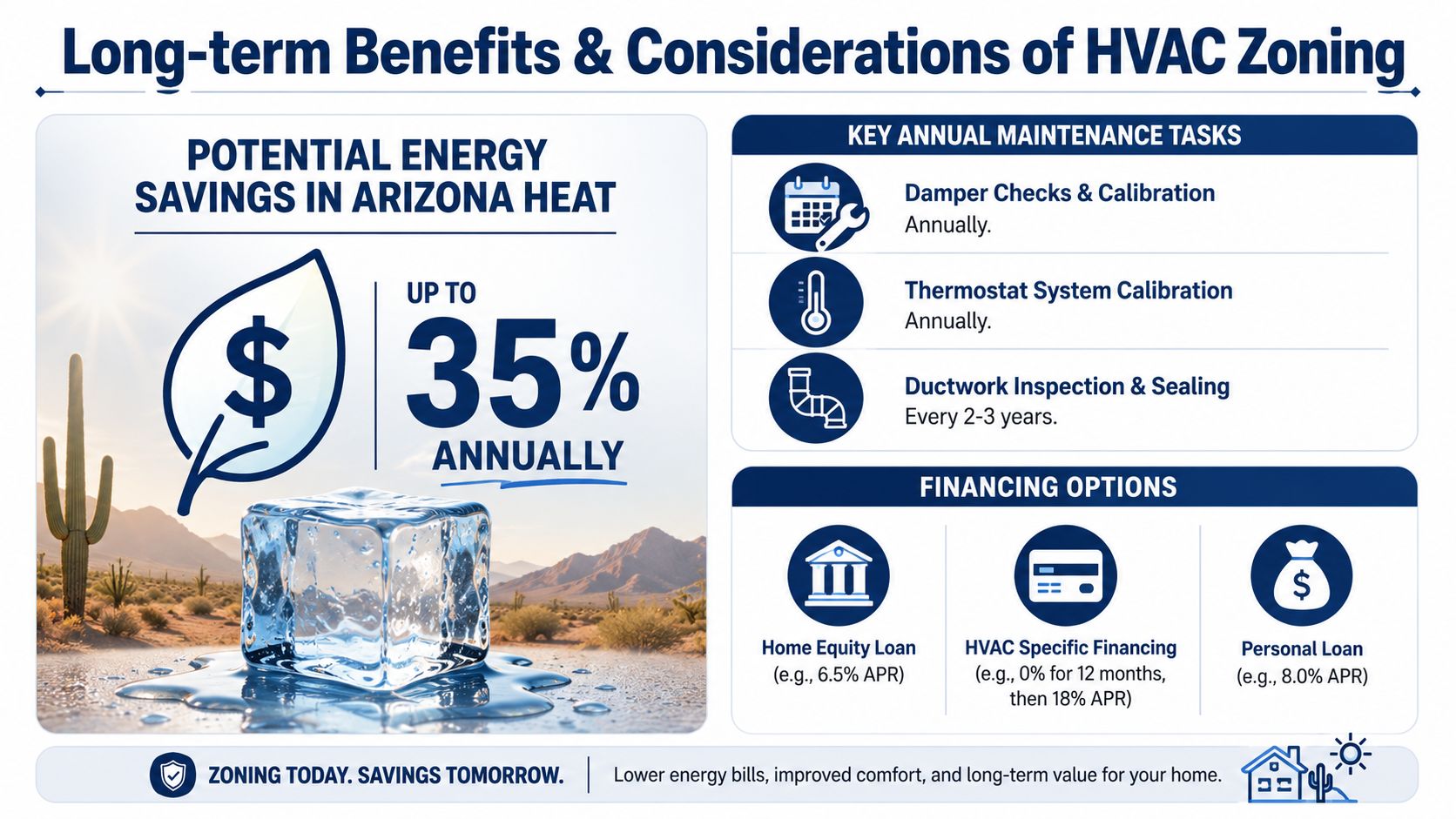 HVAC Zoning System Cost Guide for Mesa Homeowners 4 An infographic detailing potential energy savings, maintenance tasks, and financing options for residential HVAC zoning systems.