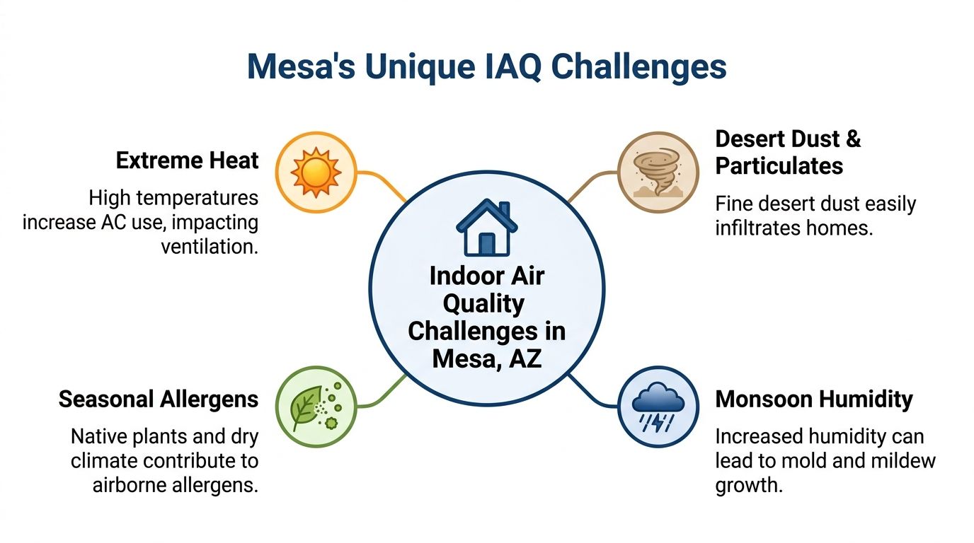 Breathe Easy: Indoor Air Quality Mesa AZ Guide 2026 2 A diagram outlining the four major indoor air quality challenges for homes in Mesa, Arizona.