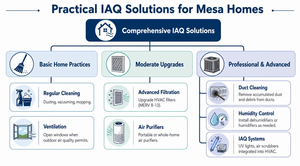 Breathe Easy: Indoor Air Quality Mesa AZ Guide 2026 4 A comprehensive guide illustrating practical solutions for improving indoor air quality in Mesa homes through various methods.