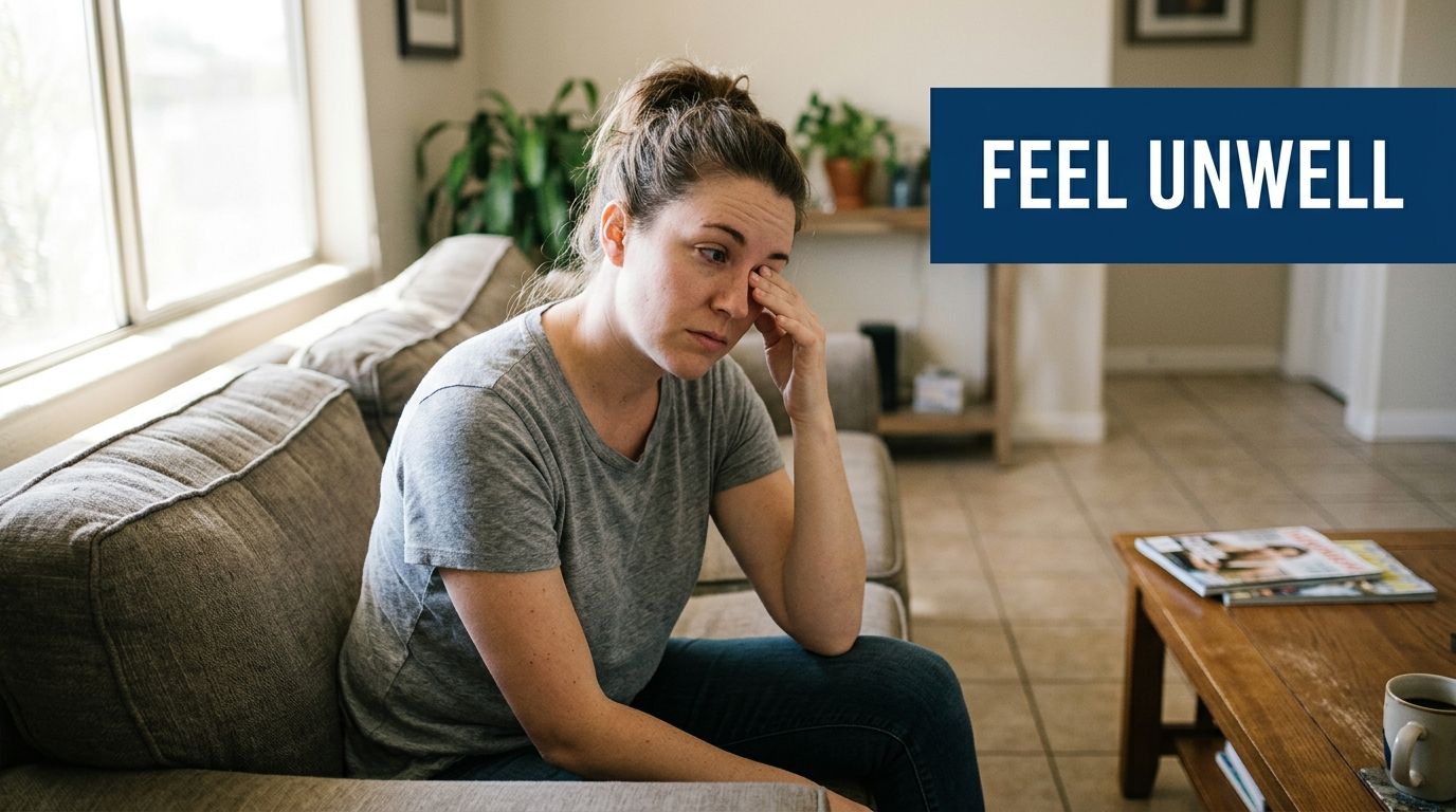 Breathe Easy: Indoor Air Quality Mesa AZ Guide 2026 3 A woman sitting on a couch in a living room, looking tired and rubbing her eye.