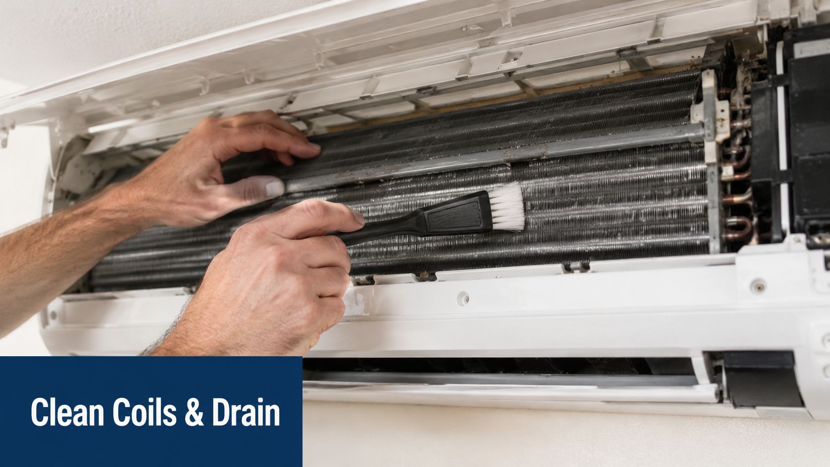 A professional technician carefully cleaning the aluminum fins of a residential indoor mini split air conditioner unit.