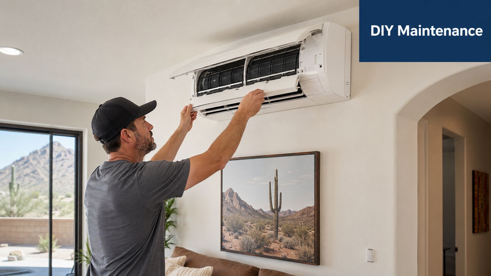 A man performs DIY maintenance on a wall-mounted mini split air conditioning unit in his home.